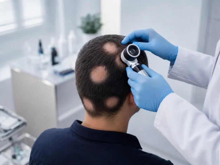 Kreisrunder Haarausfall – dermatologische Untersuchung der Kopfhaut
