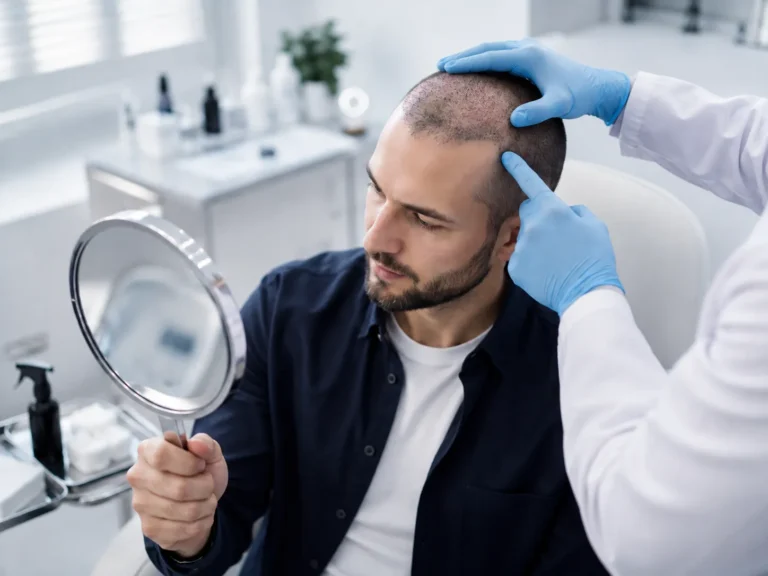 Kontrolle nach der Haartransplantation – Facharzt untersucht die Kopfhaut
